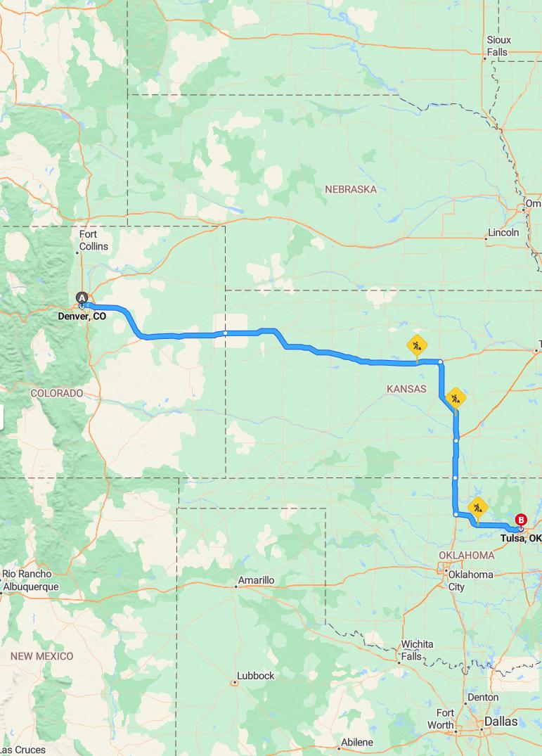 driving from Denver, Colorado to TulsaOklahoma - map and route