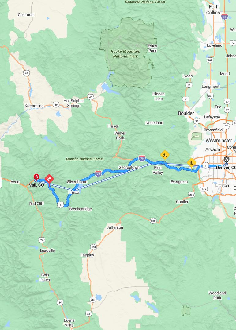 driving from Denver, Colorado to VailColorado - map and route