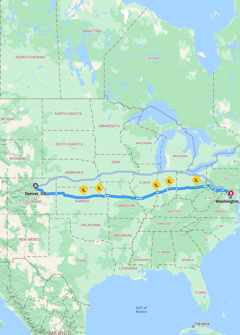 driving from Denver, Colorado to WashingtonDistrict of Columbia - map and route