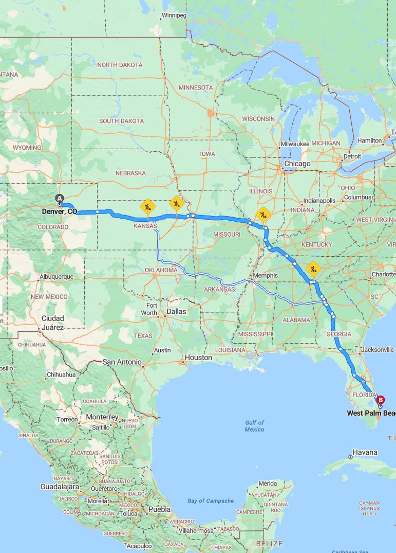 driving from Denver, Colorado to West Palm BeachFlorida - map and route