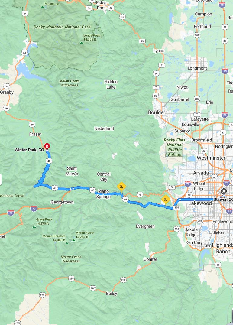 driving from Denver, Colorado to Winter ParkColorado - map and route