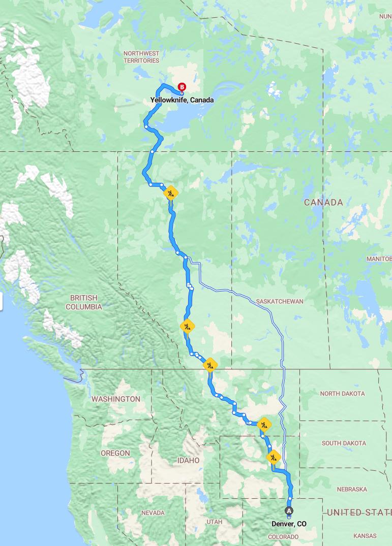 driving from Denver, Colorado to YellowknifeNorthwest Territories - map and route