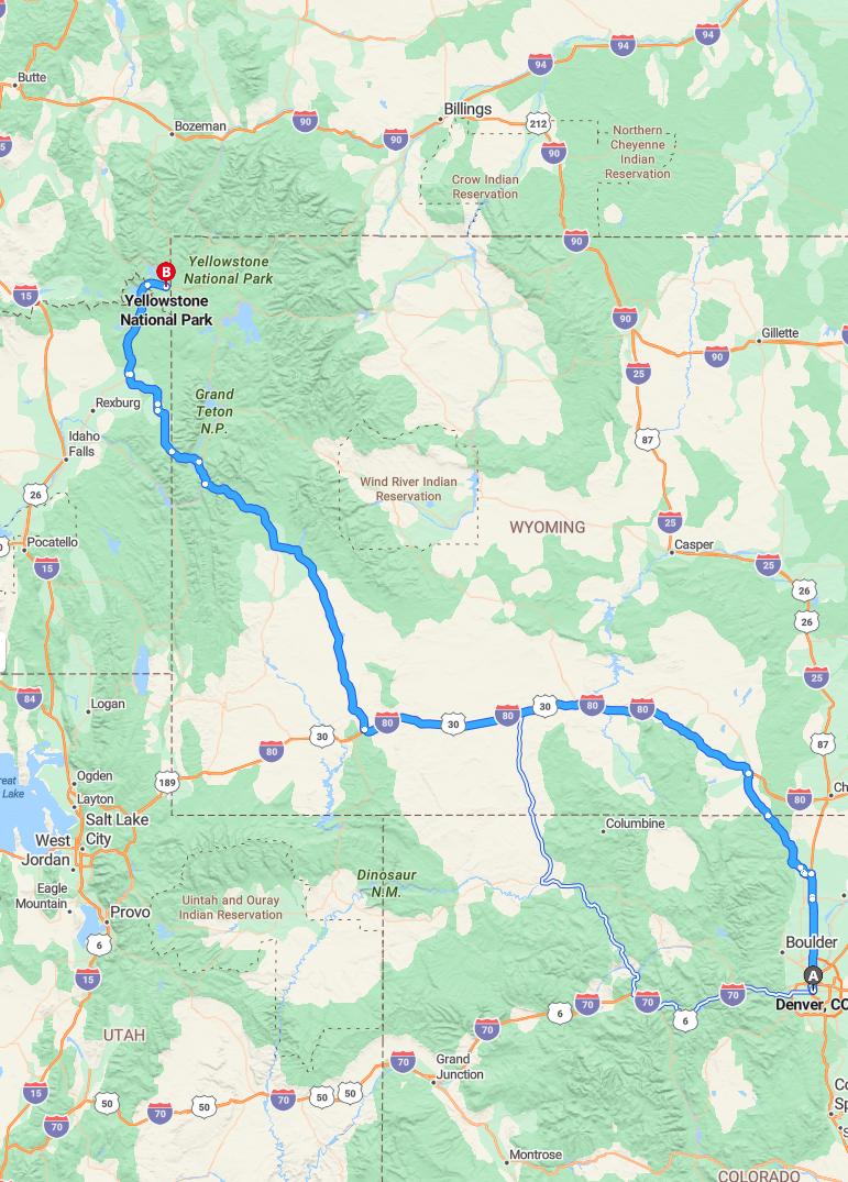 driving from Denver, Colorado to Yellowstone National ParkWyoming - map and route