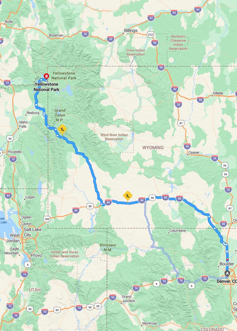 driving from Denver, Colorado to YellowstoneWyoming - map and route