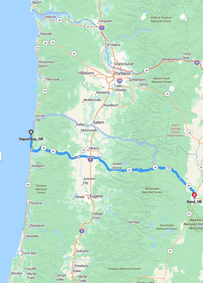 driving from Depoe Bay, Oregon to BendOregon - map and route