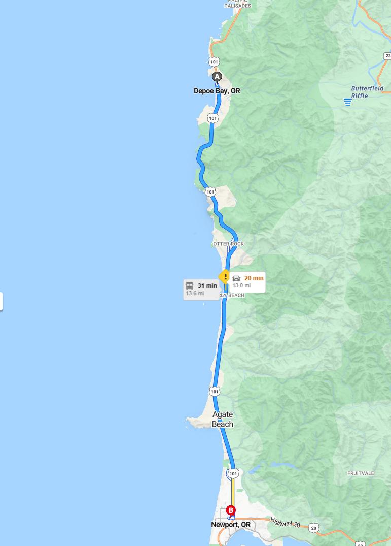 driving from Depoe Bay, Oregon to NewportOregon - map and route