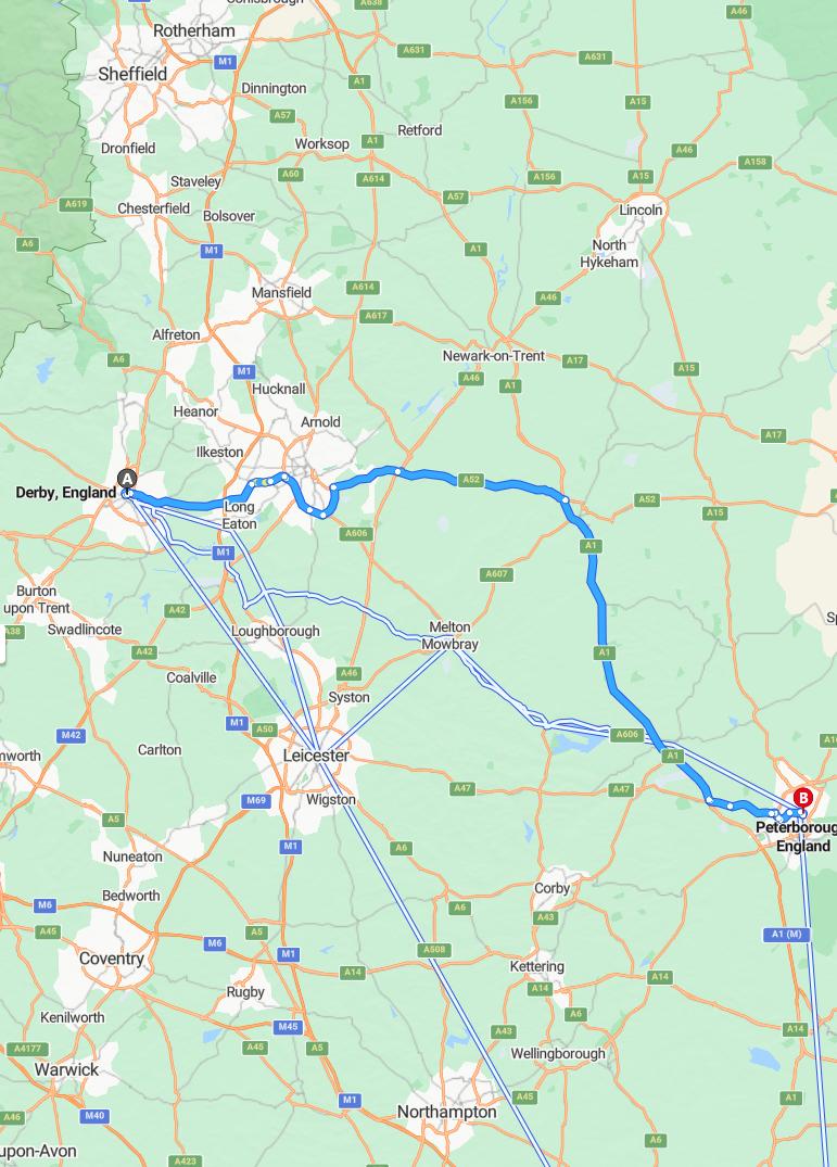 driving from Derby, England to PeterboroughEngland - map and route