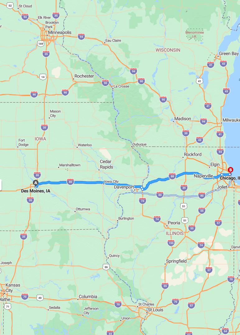 driving from Des Moines, Iowa to ChicagoIllinois - map and route