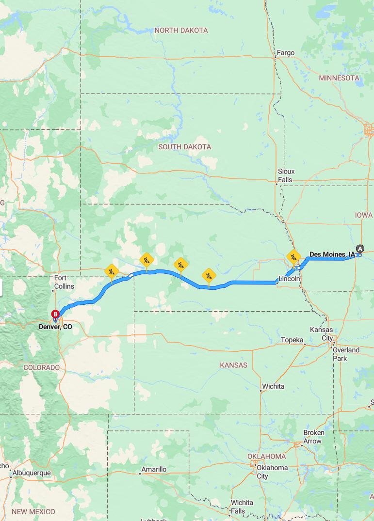 driving from Des Moines, Iowa to DenverColorado - map and route