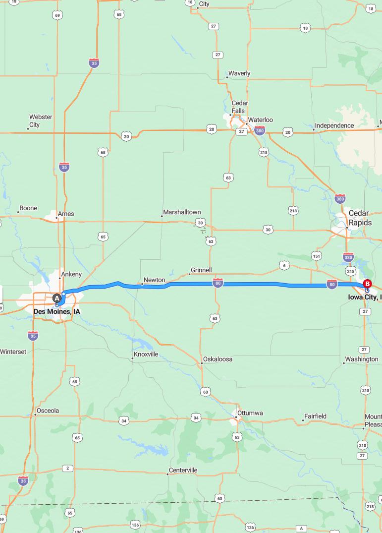 driving from Des Moines, Iowa to Iowa CityIowa - map and route