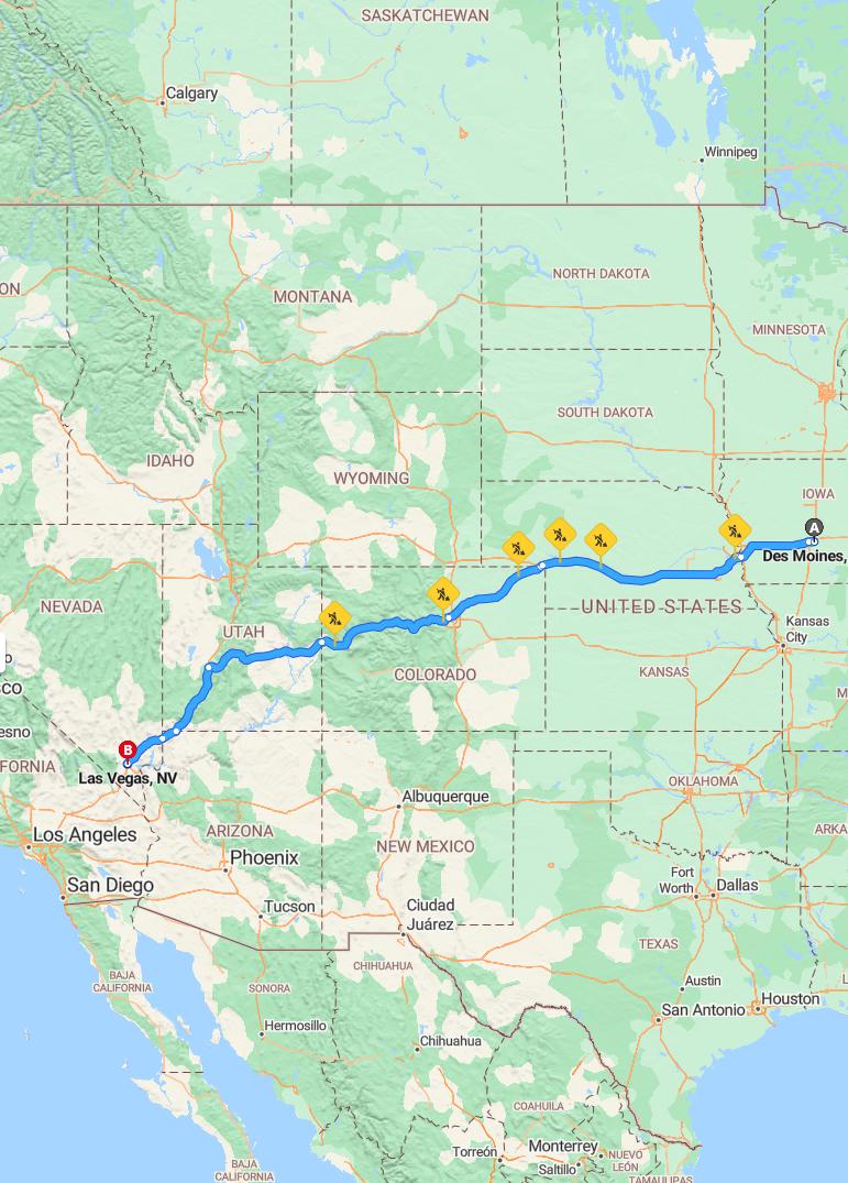 driving from Des Moines, Iowa to Las VegasNevada - map and route