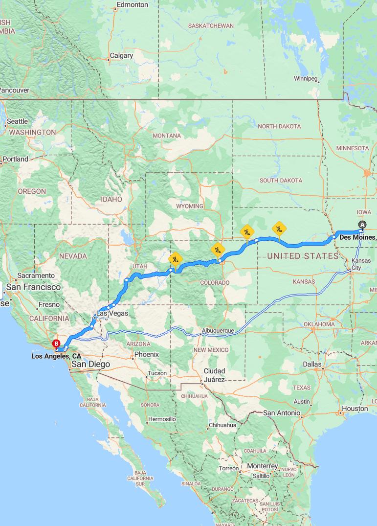 driving from Des Moines, Iowa to Los AngelesCalifornia - map and route