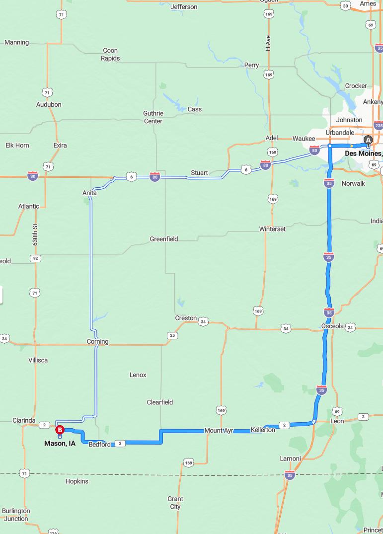 driving from Des Moines, Iowa to MasonIowa - map and route
