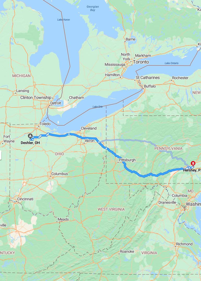 driving from Deshler, Ohio to HersheyPennsylvania - map and route