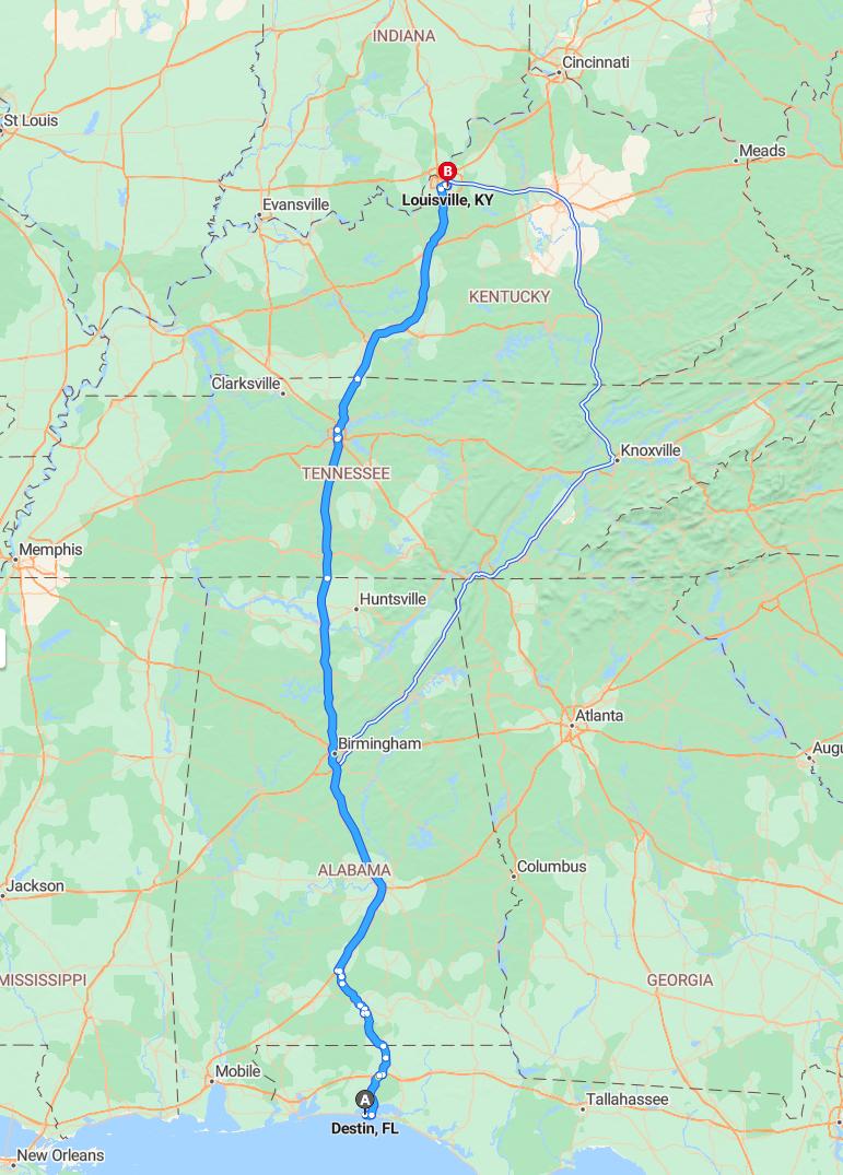 driving from Destin, Florida to LouisvilleKentucky - map and route
