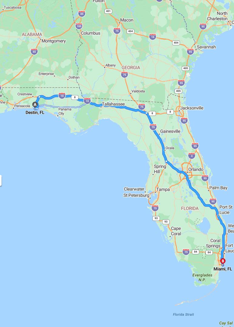 driving from Destin, Florida to MiamiFlorida - map and route