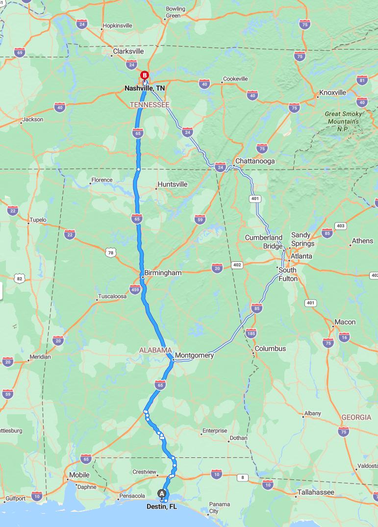 driving from Destin, Florida to NashvilleTennessee - map and route