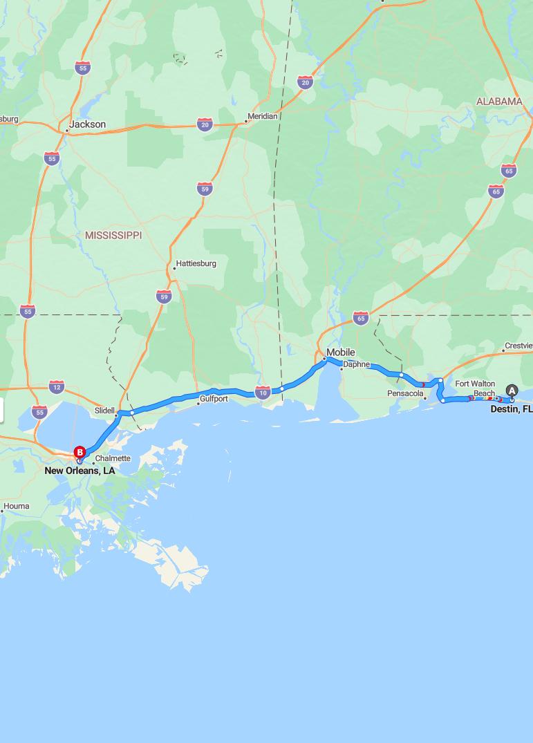 driving from Destin, Florida to New OrleansLouisiana - map and route