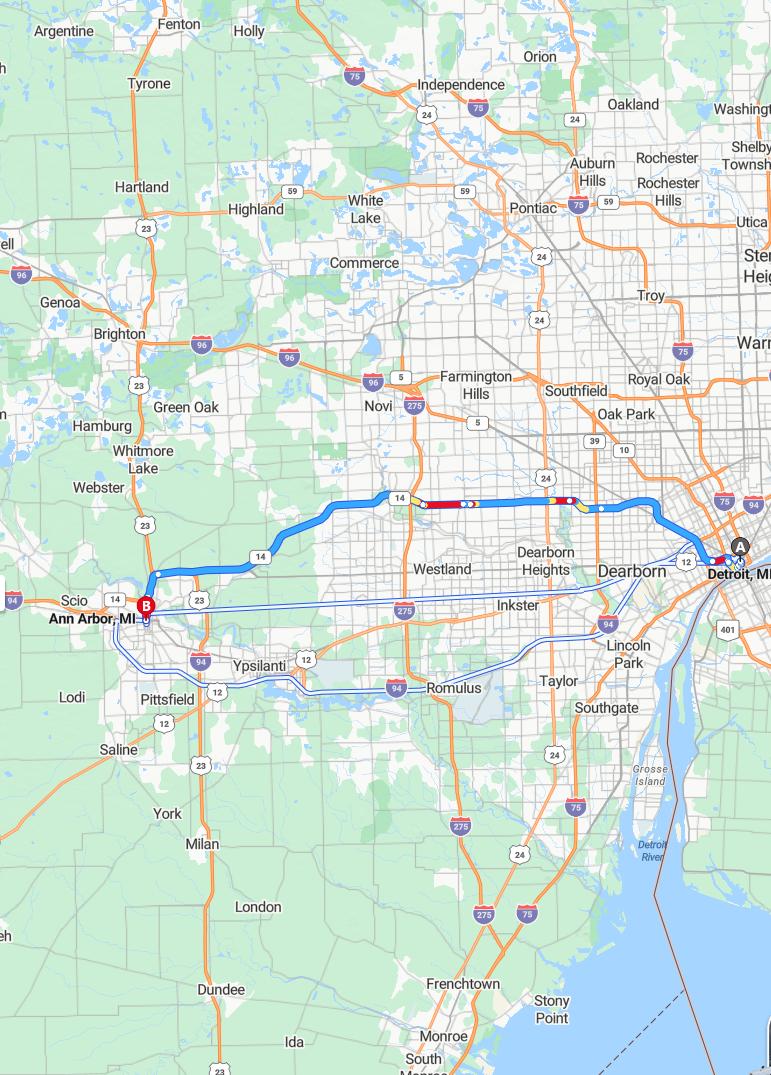 driving from Detroit, Michigan to Ann ArborMichigan - map and route