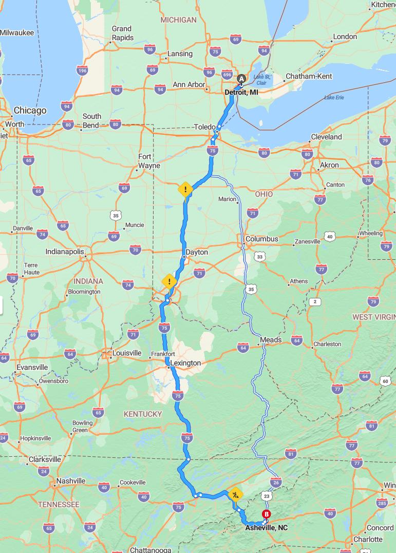 driving from Detroit, Michigan to AshevilleNorth Carolina - map and route
