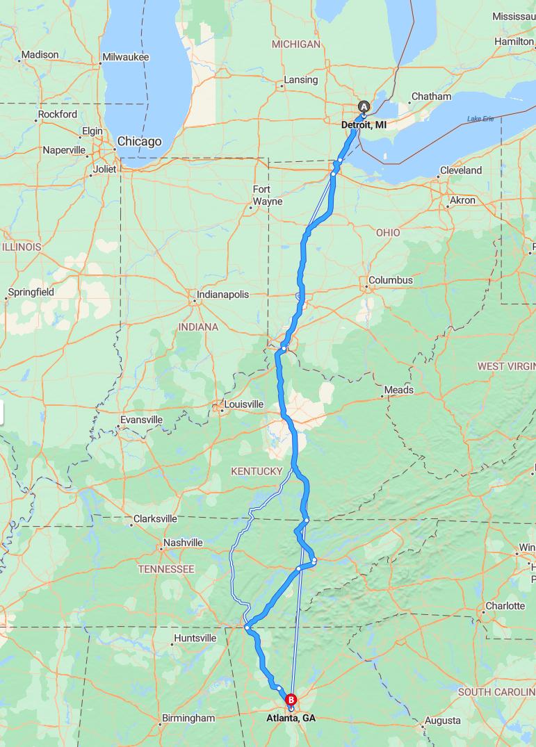 driving from Detroit, Michigan to AtlantaGeorgia - map and route