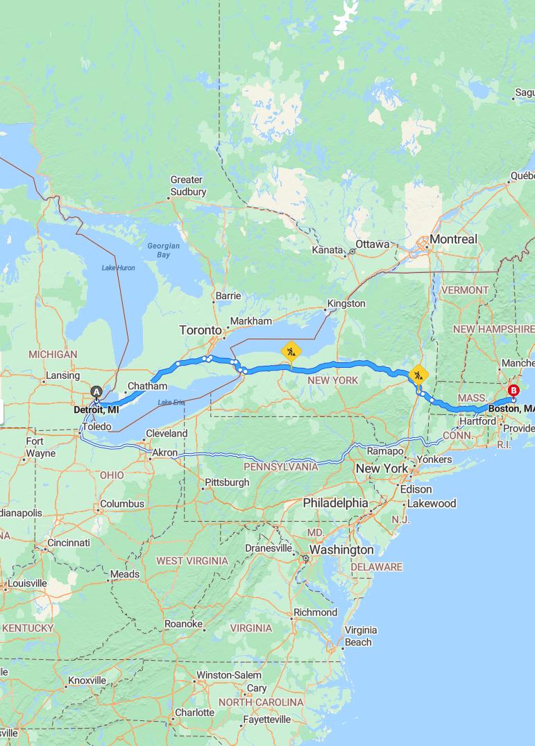 driving from Detroit, Michigan to BostonMassachusetts - map and route