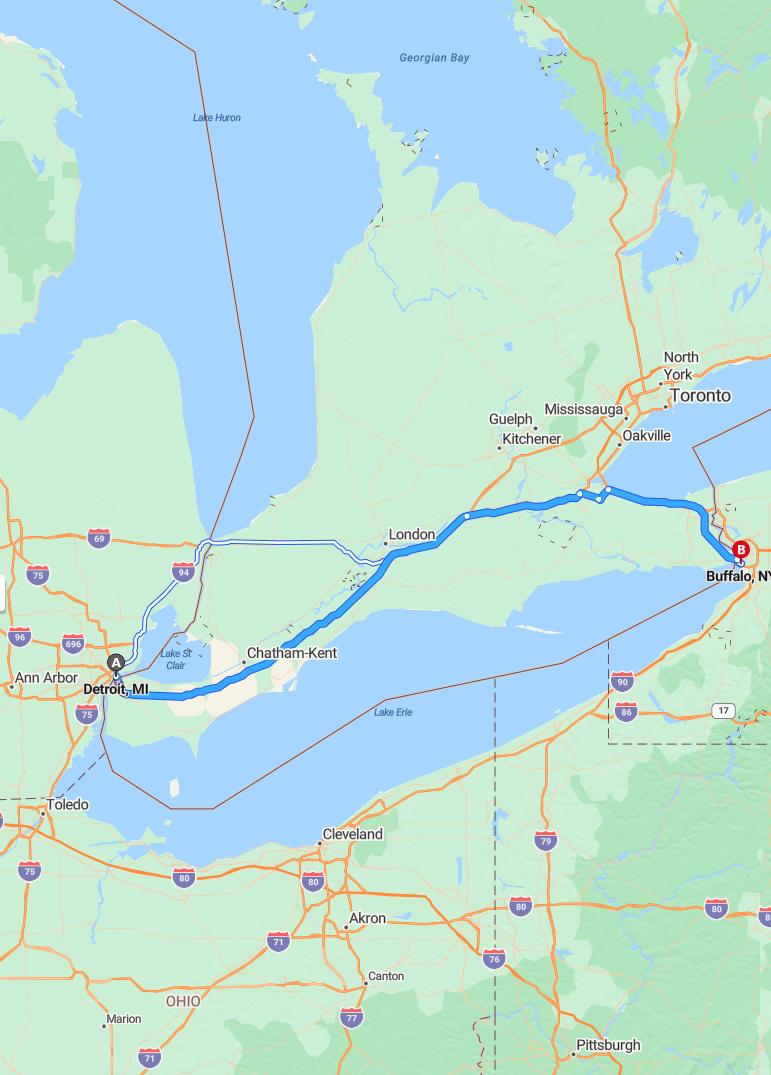 driving from Detroit, Michigan to BuffaloNew York - map and route