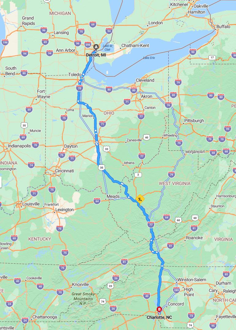 driving from Detroit, Michigan to CharlotteNorth Carolina - map and route