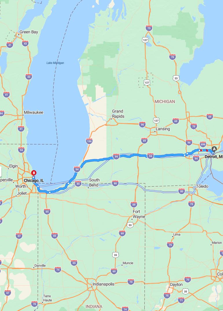 driving from Detroit, Michigan to ChicagoIllinois - map and route