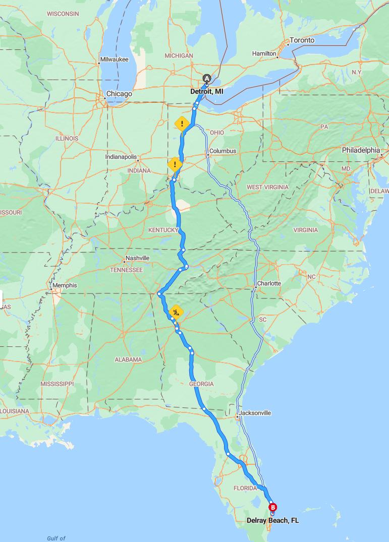 driving from Detroit, Michigan to Delray BeachFlorida - map and route