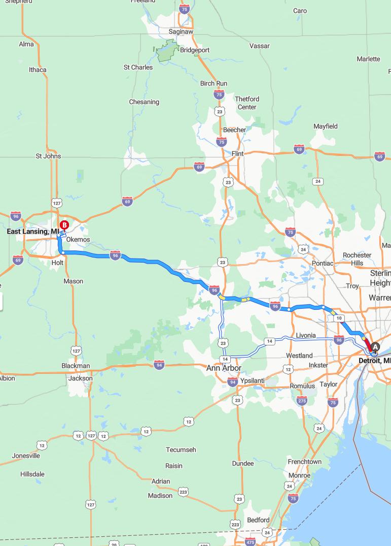 driving from Detroit, Michigan to East LansingMichigan - map and route