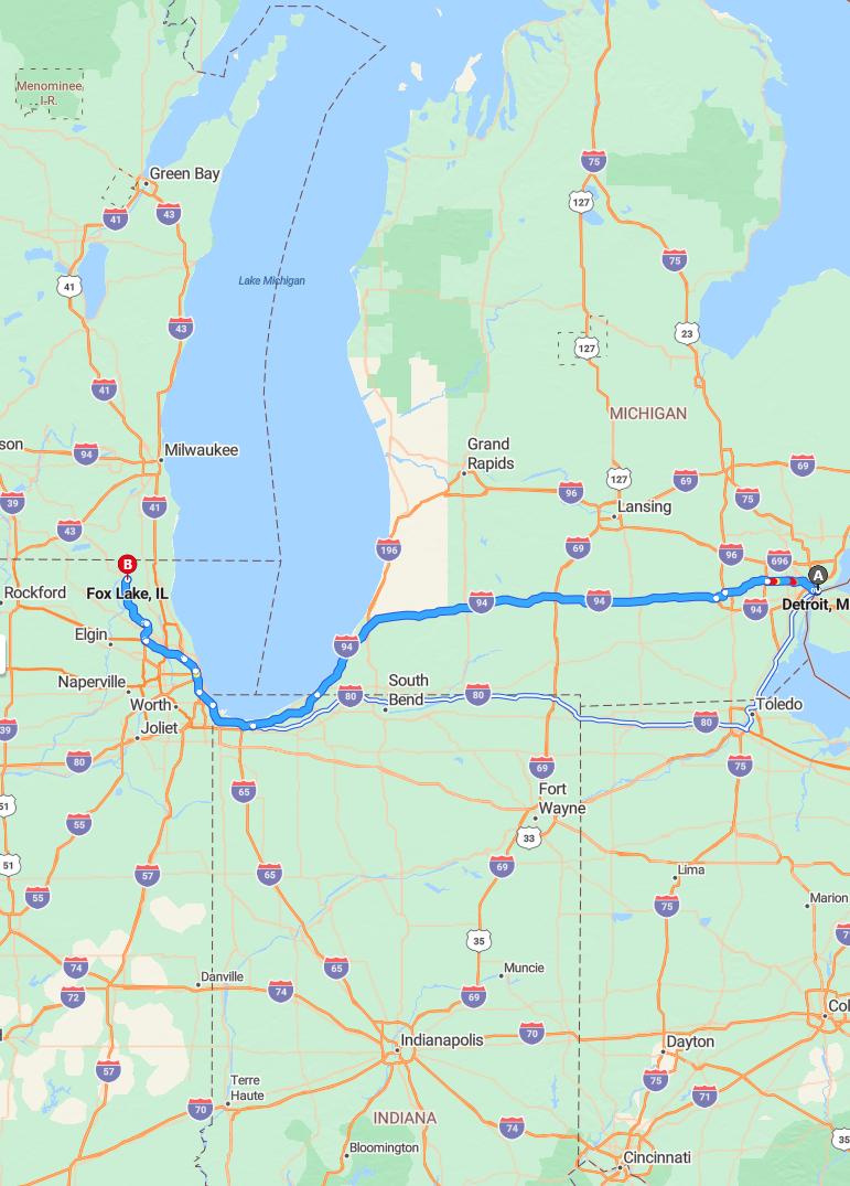 driving from Detroit, Michigan to Fox LakeIllinois - map and route