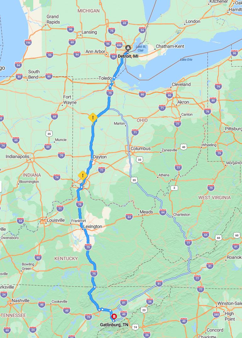 driving from Detroit, Michigan to GatlinburgTennessee - map and route