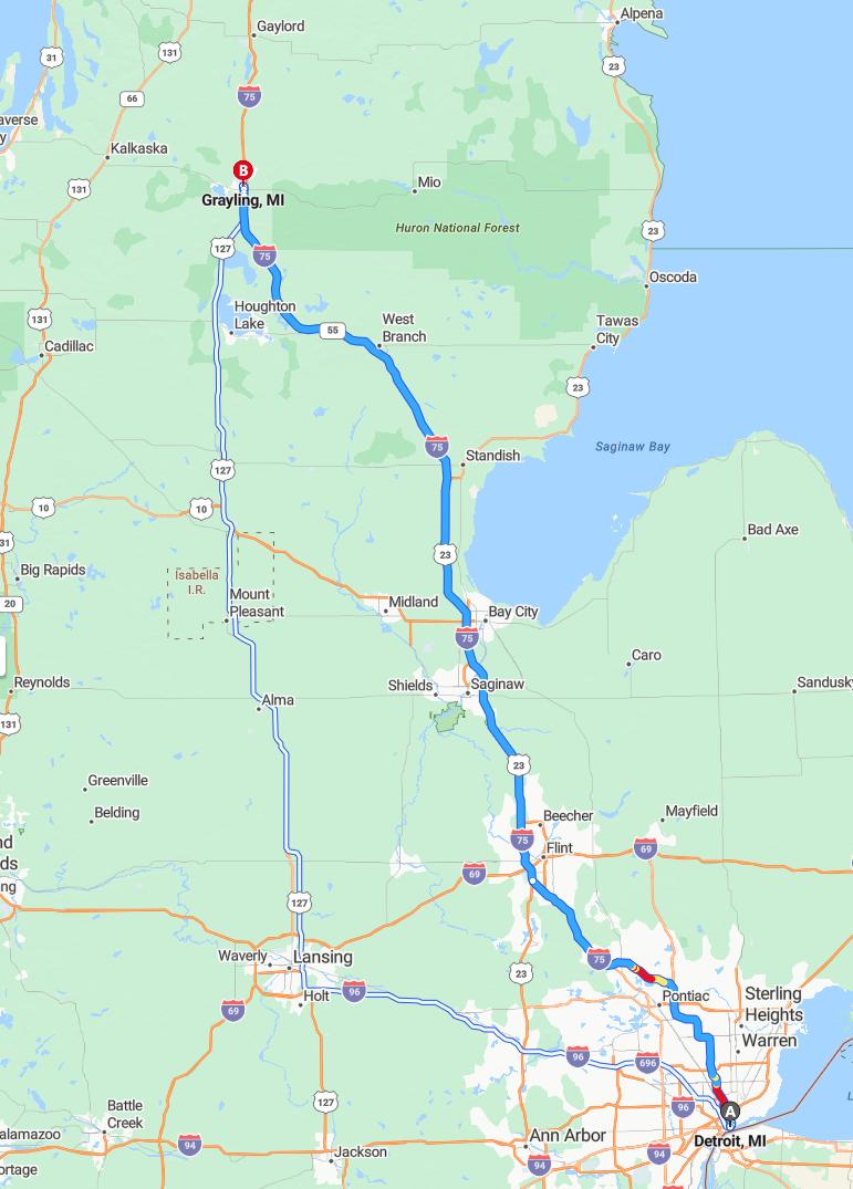 driving from Detroit, Michigan to GraylingMichigan - map and route