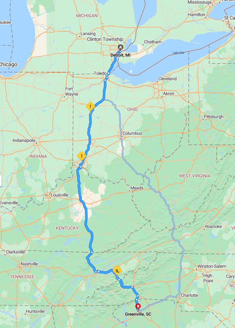 driving from Detroit, Michigan to GreenvilleSouth Carolina - map and route