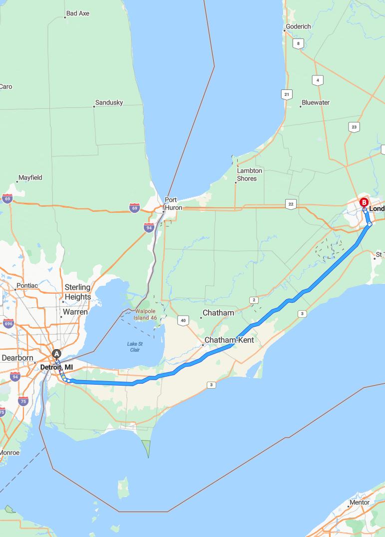 driving from Detroit, Michigan to LondonOntario - map and route