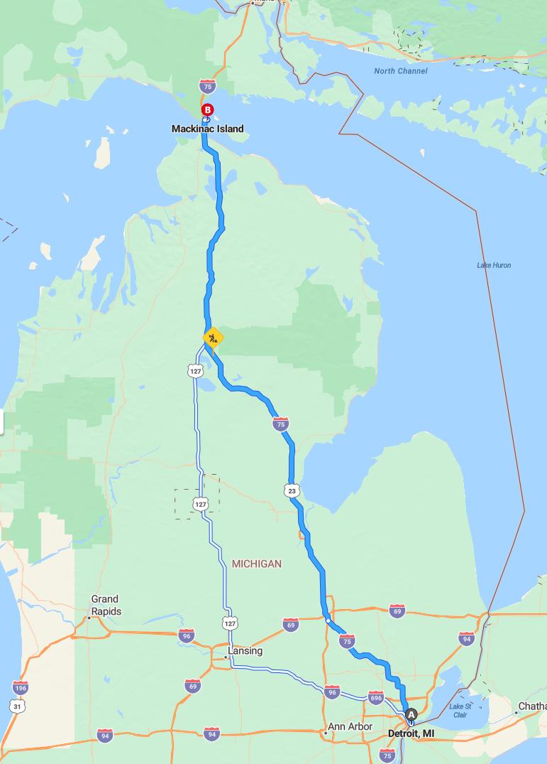 driving from Detroit, Michigan to Mackinac IslandMichigan - map and route