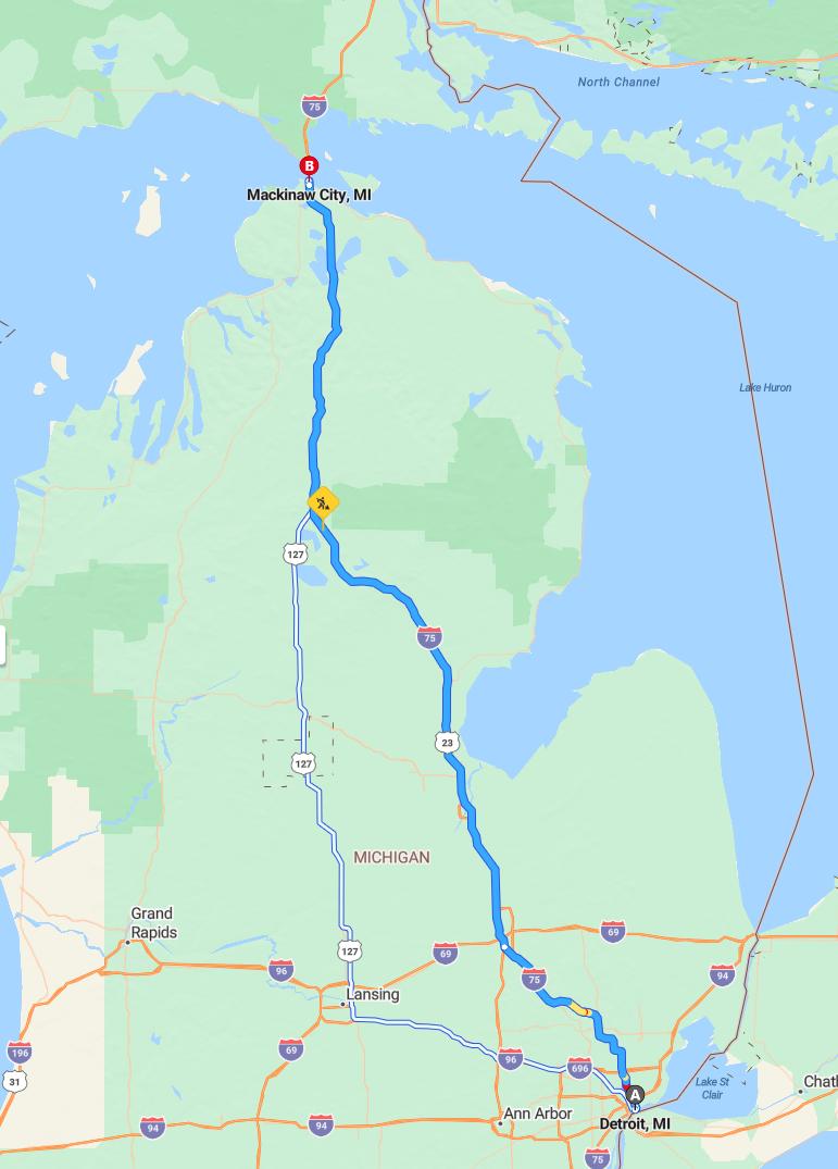 driving from Detroit, Michigan to Mackinaw CityMichigan - map and route