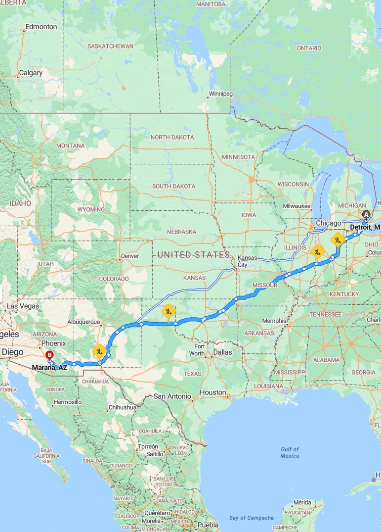 driving from Detroit, Michigan to MaranaArizona - map and route