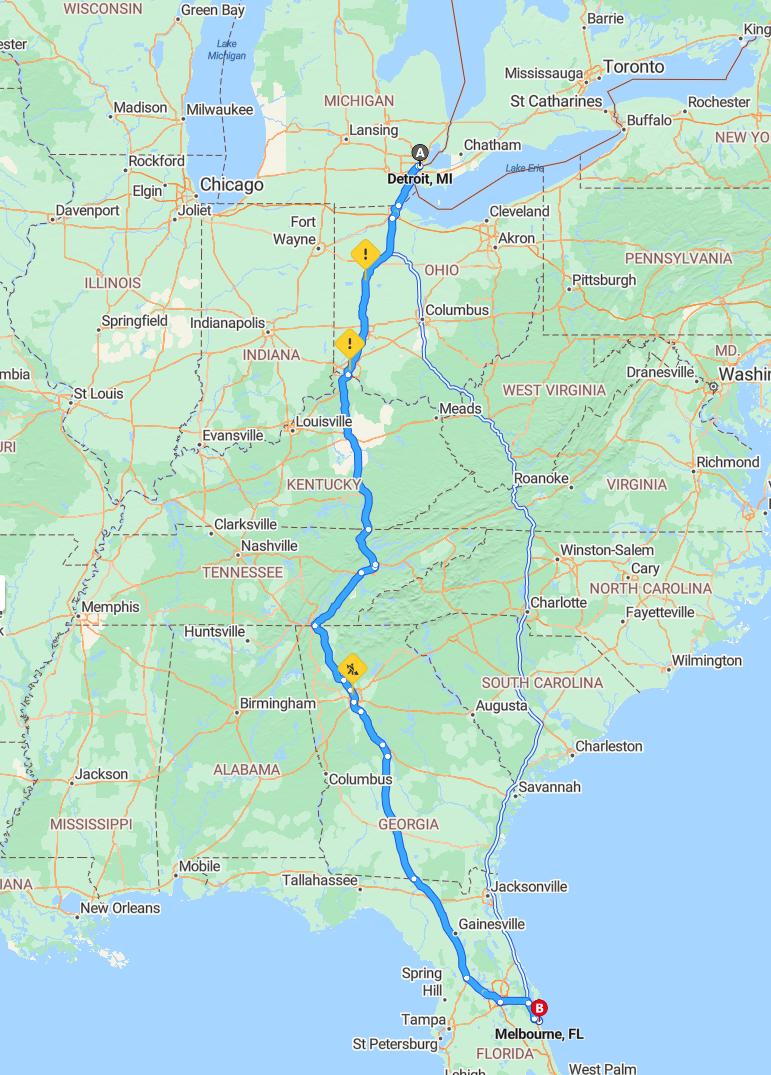 driving from Detroit, Michigan to MelbourneFlorida - map and route