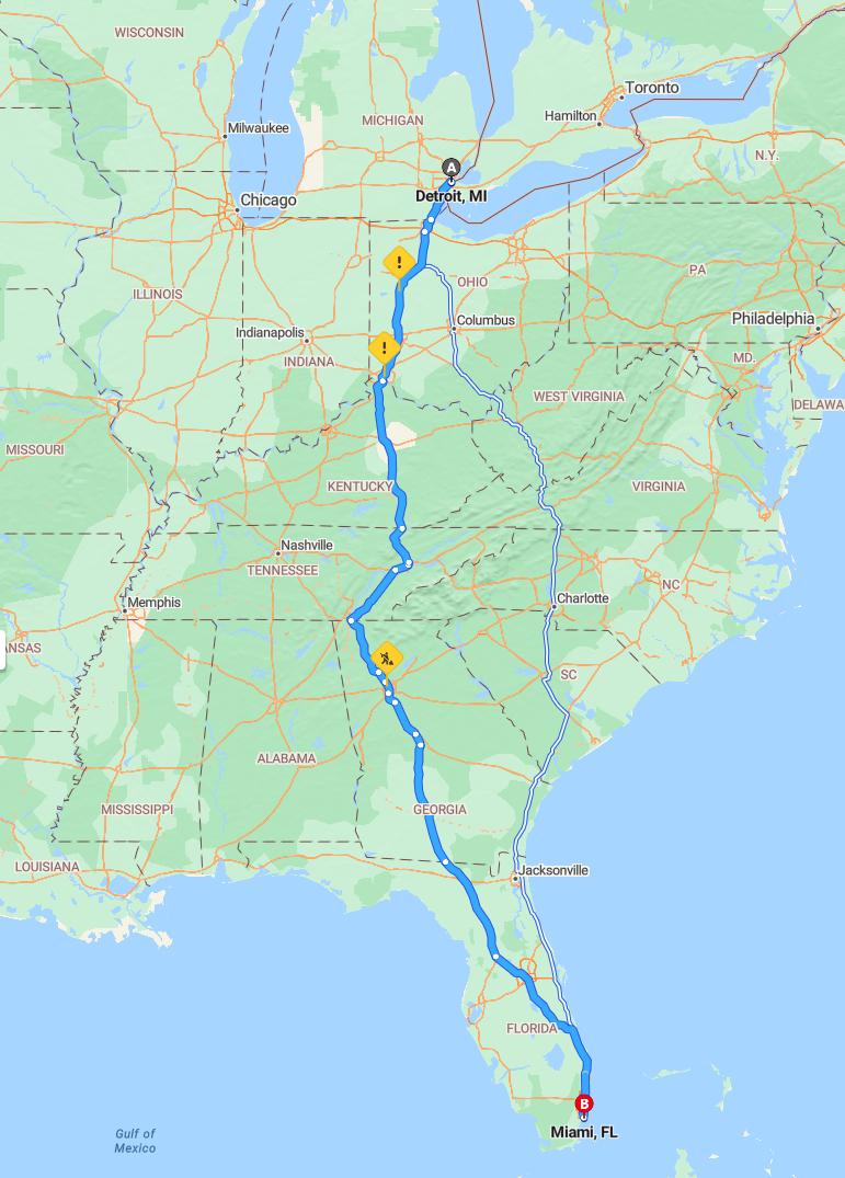 driving from Detroit, Michigan to MiamiFlorida - map and route