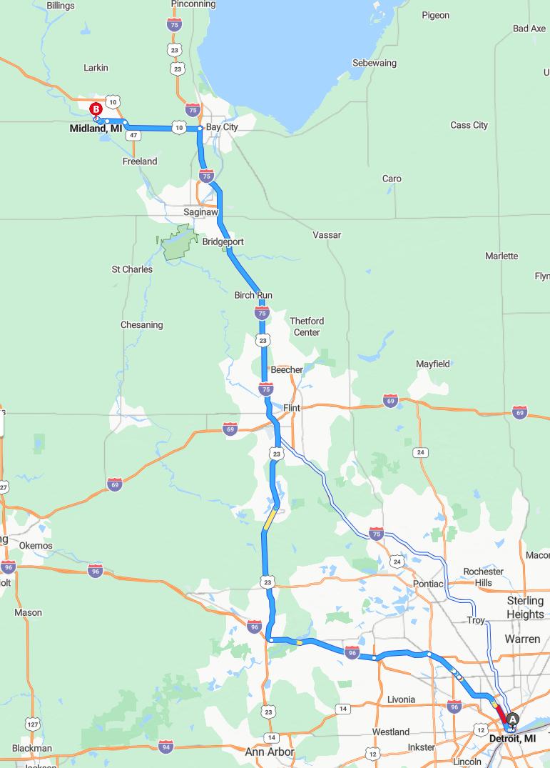 driving from Detroit, Michigan to MidlandMichigan - map and route