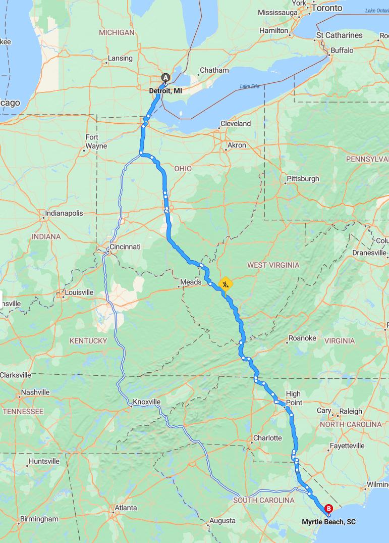 driving from Detroit, Michigan to Myrtle BeachSouth Carolina - map and route