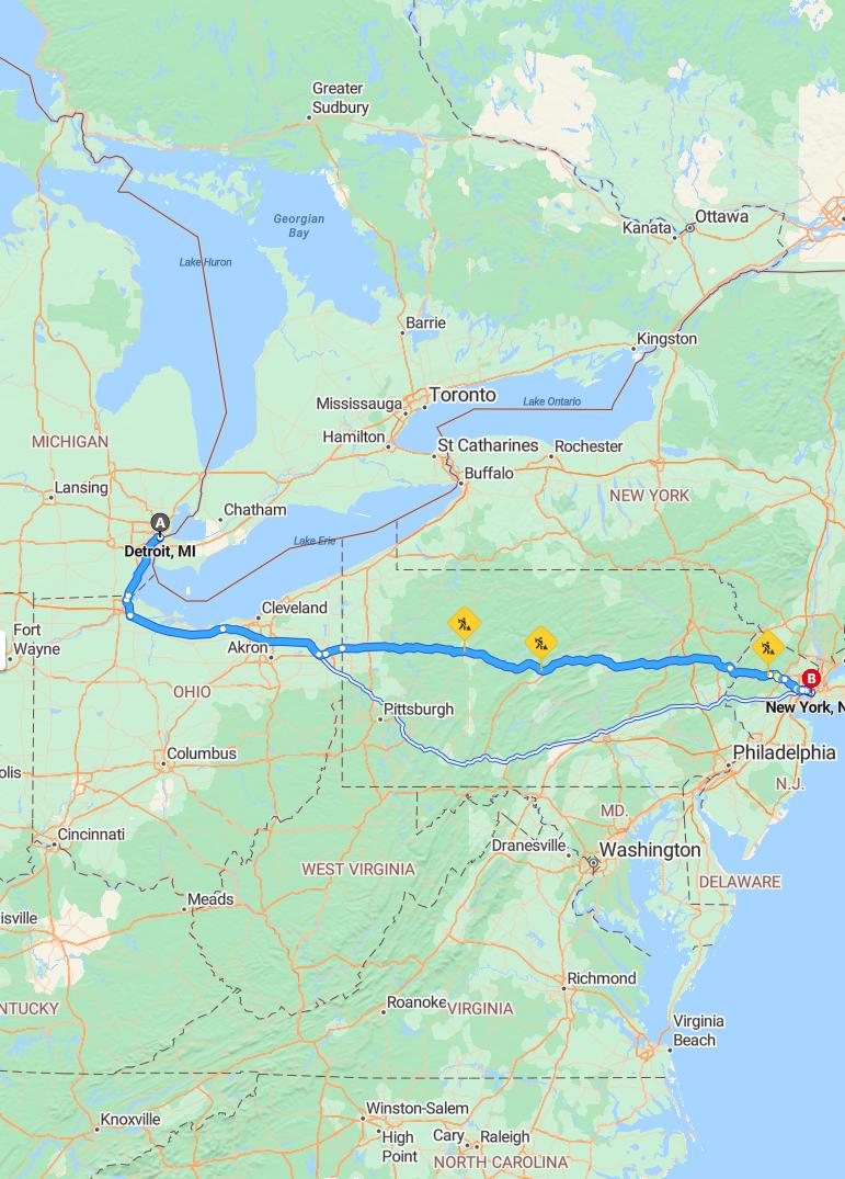driving from Detroit, Michigan to New York CityNew York - map and route