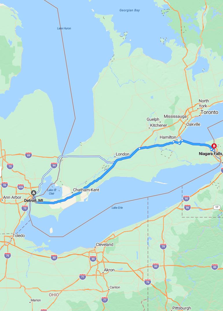 driving from Detroit, Michigan to Niagara FallsNew York - map and route