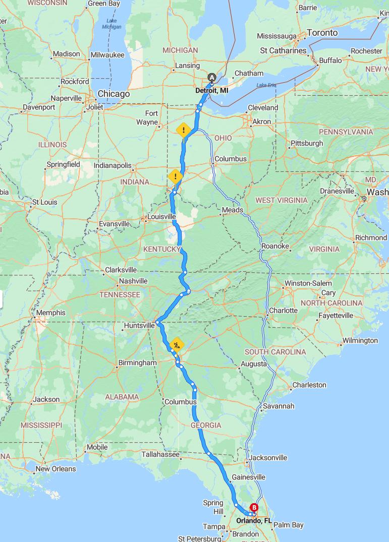 driving from Detroit, Michigan to OrlandoFlorida - map and route