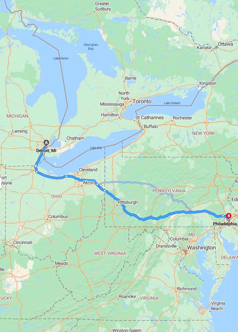 driving from Detroit, Michigan to PhiladelphiaPennsylvania - map and route