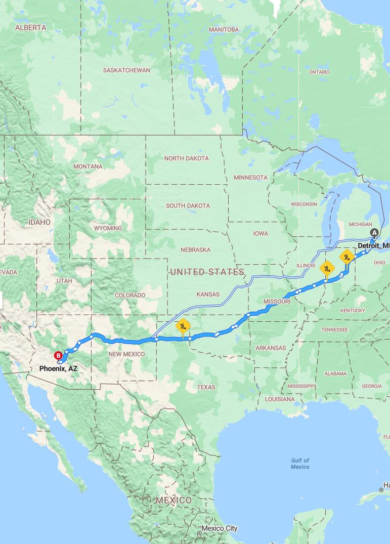driving from Detroit, Michigan to PhoenixArizona - map and route