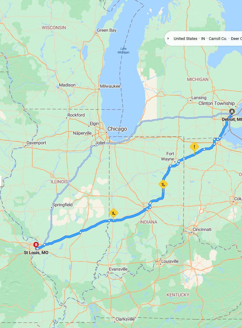 driving from Detroit, Michigan to St. LouisMissouri - map and route