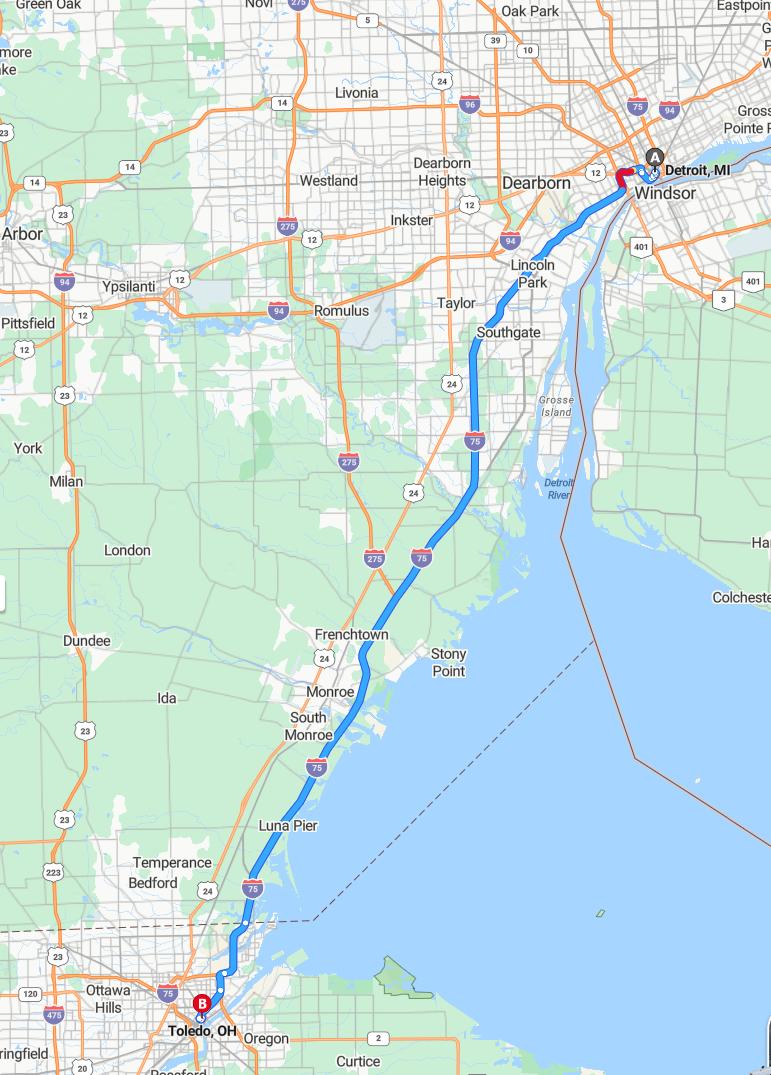 driving from Detroit, Michigan to ToledoOhio - map and route